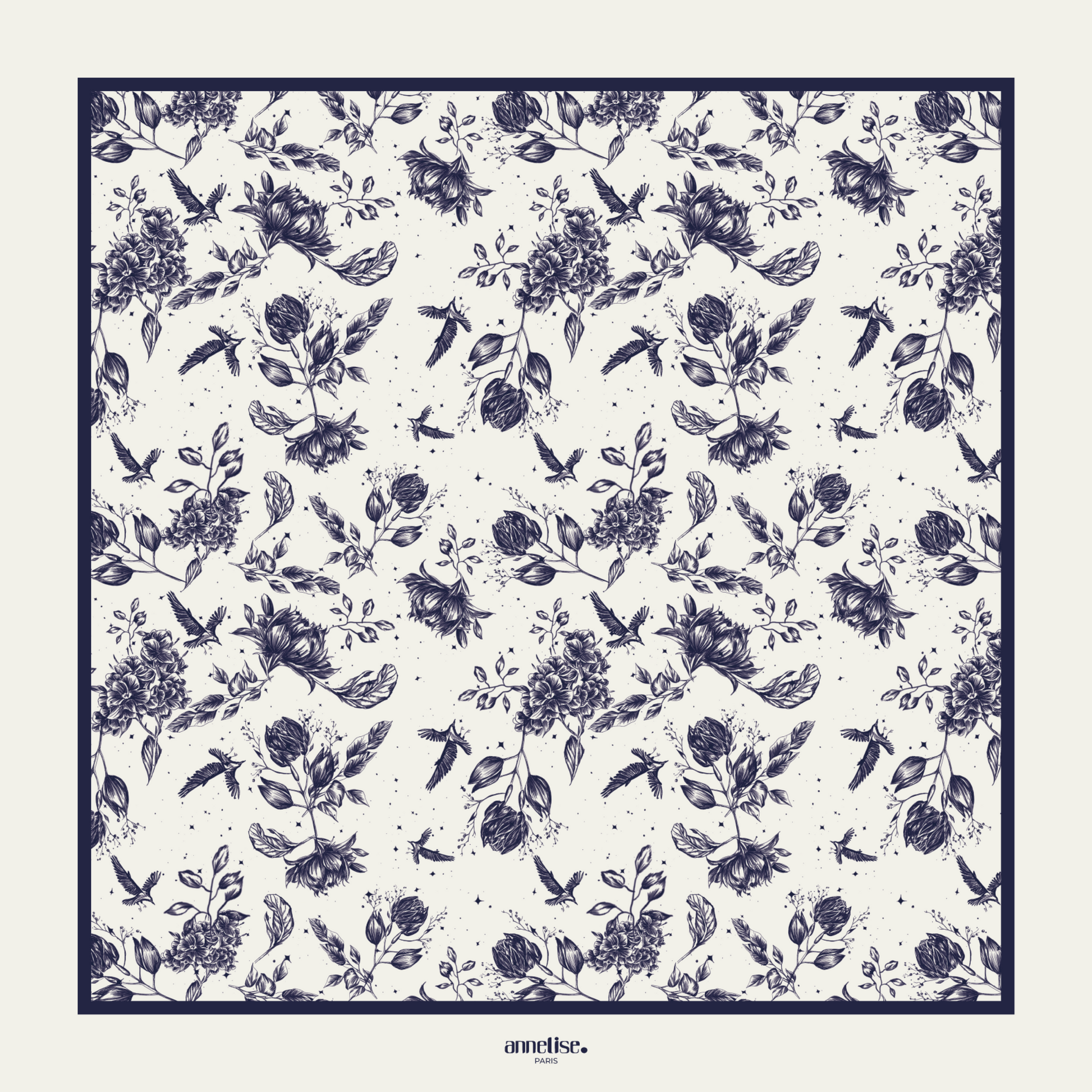 Foulard Flocon Fleuri Bleu nuit en viscose de Bambou, fait main en France, accessoire mode