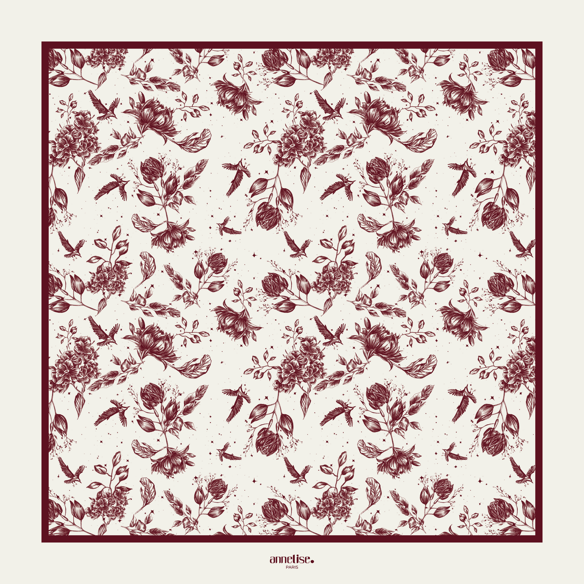 Foulard Flocon Fleuri Bordeaux en viscose de Bambou, fait main en France, accessoire mode